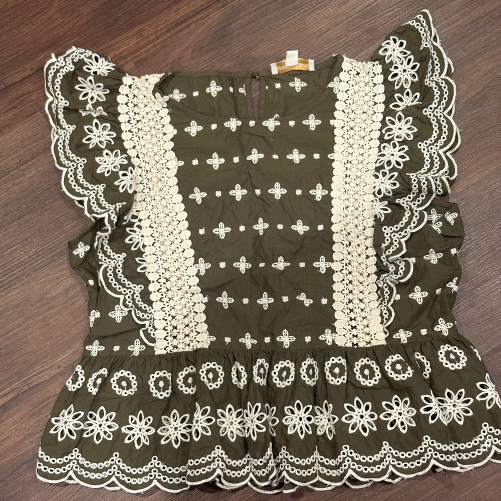 Cottagecore Embroidered Flutter Sleeve Peplum Blouse Olive Green Lace Top M